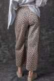 Khaki Leopard Printed Drawstring Waist Pocketed Wide Leg Jeans