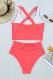 Pink Scalloped Criss Cross High Waist Bikini