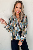 Green Geometric Print Buttoned Balloon Sleeve Loose Fit Shirt