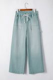 Smoke Green Mineral Wash Drawstring High Waist Wide Leg Jeans