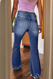 Sail Blue High Rise Dual Button Distressed Raw Hem Flared Jeans