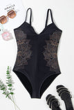 Black Petal Print Crisscross Back Spaghetti Straps Swimsuit