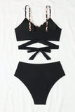 Black Leopard Splicing Criss Cross Tie Spaghetti Straps High Waisted Bikini