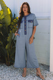 Beau Blue Half Placket Chest Pockets Short Sleeve Wide Leg Jumpsuit