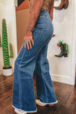 Sail Blue High Waist Button Fly Seamed Raw Hem Flare Jeans